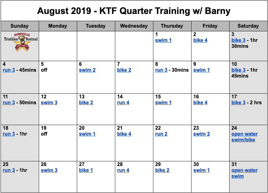 Quarter distance triathlon training plan for August.