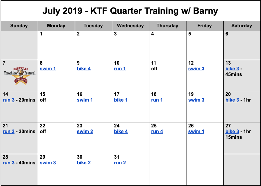 Quarter distance triathlon training plan for July.