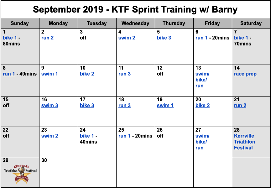 September sprint distance triathlon training plan for Debra Zapata Sprint Triathlon.
