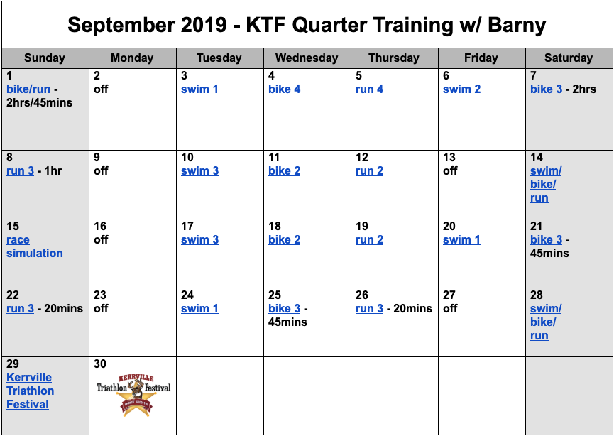Quarter distance triathlon training plan for September.