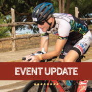 Image of cyclist during the Kerrville Triathlon Festival. Graphic contains the phrase "event update" and announces that 2020 Kerrville Triathlon is canceled.