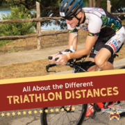 Social Share for Blog About Triathlon Distances, shows man on bicycle participating in half iron distance triathlon behind title