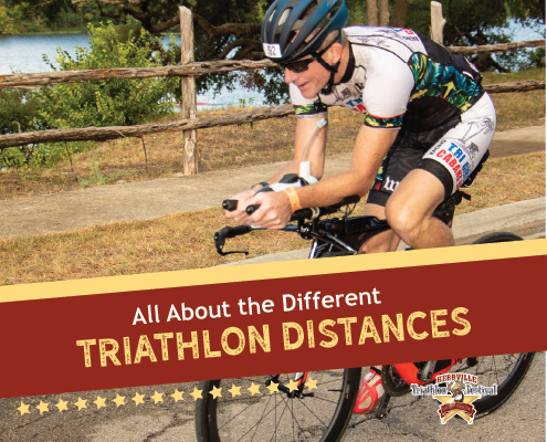 Social Share for Blog About Triathlon Distances, shows man on bicycle participating in half iron distance triathlon behind title