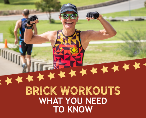 Triathlete flexes her arms during the 2019 Kerrville Triathlon. Text in design reads Brick Workouts What You Need to Know