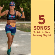 Female runner smiles for the camera and holds up the longhorn sign on both hands during the run portion of Kerrville Triathlon. Text on design reads 5 Songs to Add to Your Running Playlist. Listen to the songs at https://kerrvilletri.com/2020/10/your-running-playlist/