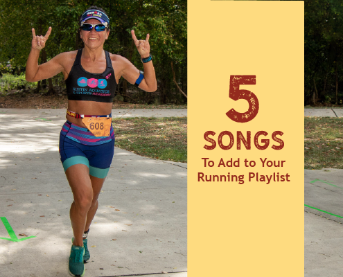 Female runner smiles for the camera and holds up the longhorn sign on both hands during the run portion of Kerrville Triathlon. Text on design reads 5 Songs to Add to Your Running Playlist. Listen to the songs at https://kerrvilletri.com/2020/10/your-running-playlist/