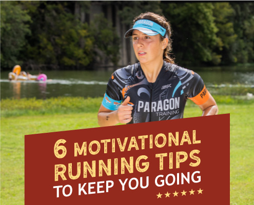 Female runner runs along the Guadalupe River during the Kerrville Triathlon. Text on design reads 6 Motivations Running Tips to Keep You Going. Read them at https://kerrvilletri.com/2020/09/6-motivational-running-tips/