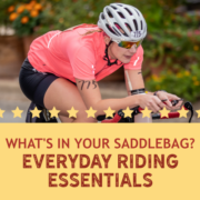 Female triathlete rides her bike during the 2019 Kerrville Triathlon. Text on design asks What's In Your Saddle Bag and the blog explains essential saddle bag items. Learn more at https://kerrvilletri.com/2020/10/saddle-bag-items/