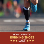 Image of runner from the knees down running towards the camera with shoes and compression socks visible. Text on design reads How Long Do Running Shoes Last. Read more at https://kerrvilletri.com/2020/11/how-long-do-running-shoes-last/