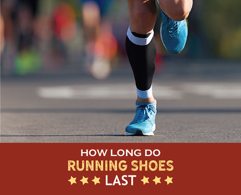 Image of runner from the knees down running towards the camera with shoes and compression socks visible. Text on design reads How Long Do Running Shoes Last. Read more at https://kerrvilletri.com/2020/11/how-long-do-running-shoes-last/