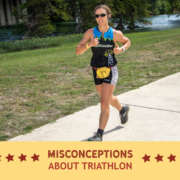 Runner competes during the run portion of the Kerrville Triathlon. Text on design reads Common Misconceptions about Triathlon. Read more at https://kerrvilletri.com/2020/11/common-misconceptions-about-triathlon/