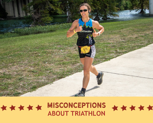 Runner competes during the run portion of the Kerrville Triathlon. Text on design reads Common Misconceptions about Triathlon. Read more at https://kerrvilletri.com/2020/11/common-misconceptions-about-triathlon/