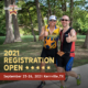 Two male triathletes give a thumbs up for the camera during the Kerrville Triathlon. Text on design reads 2021 Kerrville Triathlon Registration Open. Read more at http://kvy.b5e.myftpupload.com/2021/01/2021-kerrville-triathlon-festival/