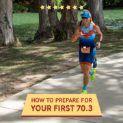 Woman runs on a path next to the Guadalupe River during the Kerrville Triathlon. Text on design reads How to Prepare for Your First 70.3 Triathlon. Read more at http://kvy.b5e.myftpupload.com/2021/01/first-703-distance-triathlon/