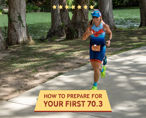 Woman runs on a path next to the Guadalupe River during the Kerrville Triathlon. Text on design reads How to Prepare for Your First 70.3 Triathlon. Read more at http://kvy.b5e.myftpupload.com/2021/01/first-703-distance-triathlon/