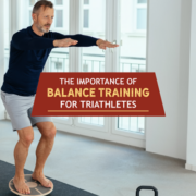 Man holds a squat pose. Text on design reads The Importance of Balance Training for Triathletes. Learn more at http://kvy.b5e.myftpupload.com/2021/01/balance-training/