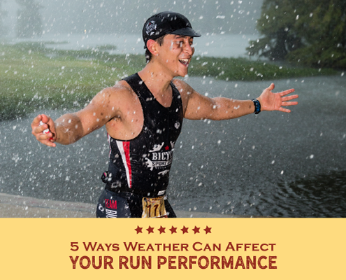 Triathlete completes the run portion at Kerrville Triathlon during a rain storm. Text on design reads 5 Ways Weather Affects Run Performance. Learn more at http://kvy.b5e.myftpupload.com/2021/02/weather-affects-run-performance/