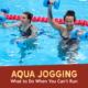 Two woman aqua jog in a pool using light weight weights. Text on design reads Aqua Jogging - What do Do When You Can't Run. Read more at http://kvy.b5e.myftpupload.com/2021/04/aqua-jogging/