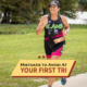 Female triathlete smiles during the run portion of the Kerrville Triathlon. Text on design reads Mistakes to Avoid at Your First Triathlon. Learn more at http://kvy.b5e.myftpupload.com/2021/06/mistakes-to-avoid-first-triathlon/