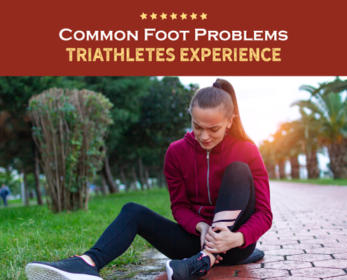 Female triathlete grabs her ankle while sitting on the ground. Text on design reads Common Foot Problems Triathletes Experience. Learn more at http://kvy.b5e.myftpupload.com/2021/06/common-foot-problems/