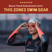 Triathlete adjusts her goggles before beginning a triathlon. Text on design reads Build Your Swim Endurance with this Zone3 Swim Gear. Check out the gear at http://kvy.b5e.myftpupload.com/2021/07/build-your-endurance-zone3/