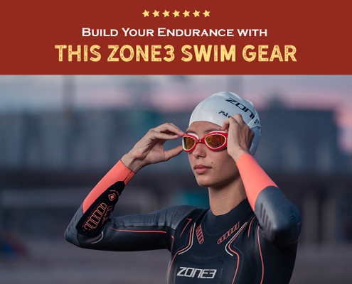 Triathlete adjusts her goggles before beginning a triathlon. Text on design reads Build Your Swim Endurance with this Zone3 Swim Gear. Check out the gear at http://kvy.b5e.myftpupload.com/2021/07/build-your-endurance-zone3/