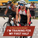 Maximiliano leaves transition on his bike during a sprint triathlon. Text on design reads A Triathlete Story: I'm Training for My First Half. Maximiliano talks about training for his first half distance triathlon. Read more at *link in bio*