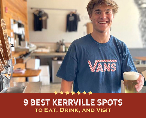 A bartender at Pint and Plow smiles after pouring a beer. Text on design reads 9 Best Kerrville Spots to Eat, Drink, and Visit. Learn more at http://kvy.b5e.myftpupload.com/2021/08/best-kerrville-spots/