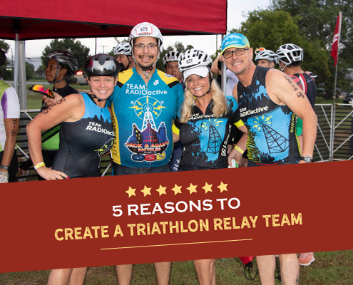 Group of 4 triathletes pose for the camera at Kerrville Triathlon. Text on design reads 5 Reasons to Create a Triathlon Relay Team. Read more at http://kvy.b5e.myftpupload.com/2021/08/build-triathlon-relay-team/