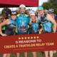 Group of 4 triathletes pose for the camera at Kerrville Triathlon. Text on design reads 5 Reasons to Create a Triathlon Relay Team. Read more at http://kvy.b5e.myftpupload.com/2021/08/build-triathlon-relay-team/