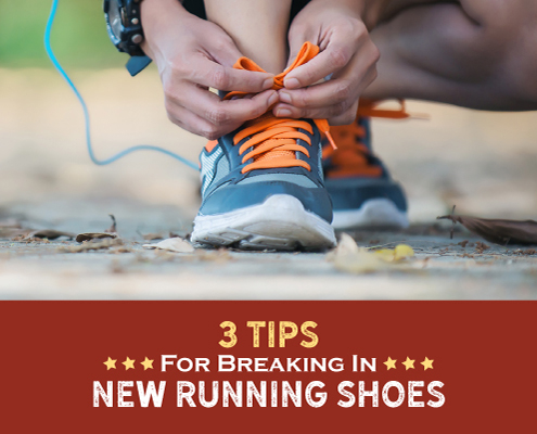 A triathlete bends down to lace up their shoes. Text on design reads 3 Tips for Breaking in New Running Shoes. Learn more at http://kvy.b5e.myftpupload.com/2021/09/break-in-new-running-shoes/