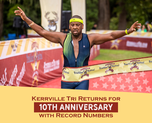 Triathlete breaks the finisher's tape at the Kerrville Tri finish line with his arms raised triumphantly in the air. Text on design reads Kerrville Tri Returns for 10th Anniversary with Record Numbers. Read more about the 10th-anniversary celebration at http://kvy.b5e.myftpupload.com/2021/09/10th-anniversary-celebration/