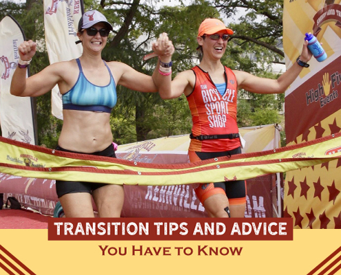 Two females excitedly cross the Kerrville Tri finish line. Text on design reads Transition Tips and Advice You Have to Know. Read more at http://kvy.b5e.myftpupload.com/2021/09/transition-tips/